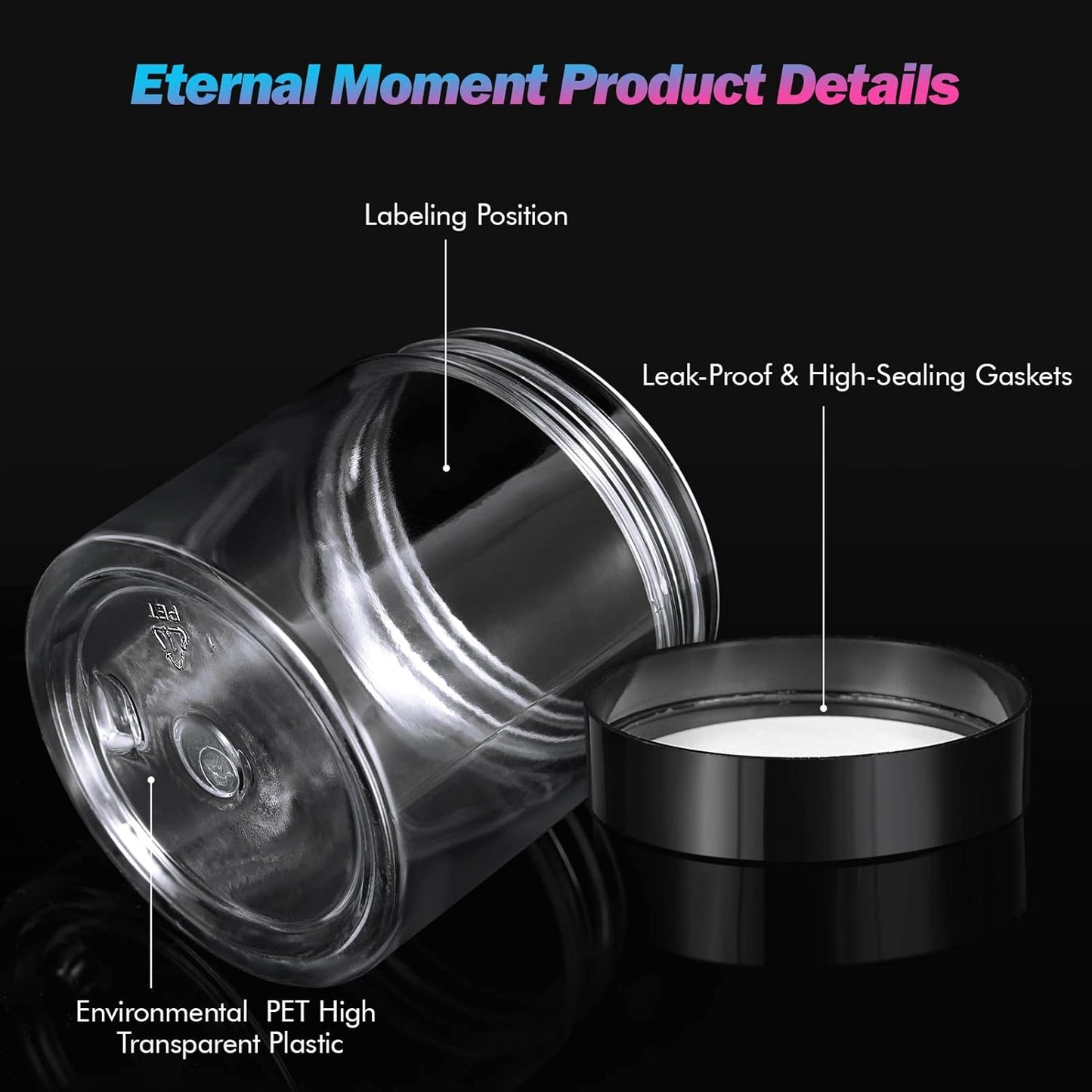 50 Pack 4 OZ Plastic Jars Round Clear Cosmetic Container with Black Lids, Eternal Moment Slime Jars for Lotion, Cream, Ointments, Makeup, Eye shadow, Rhinestone, Samples, Pot, Travel Storage