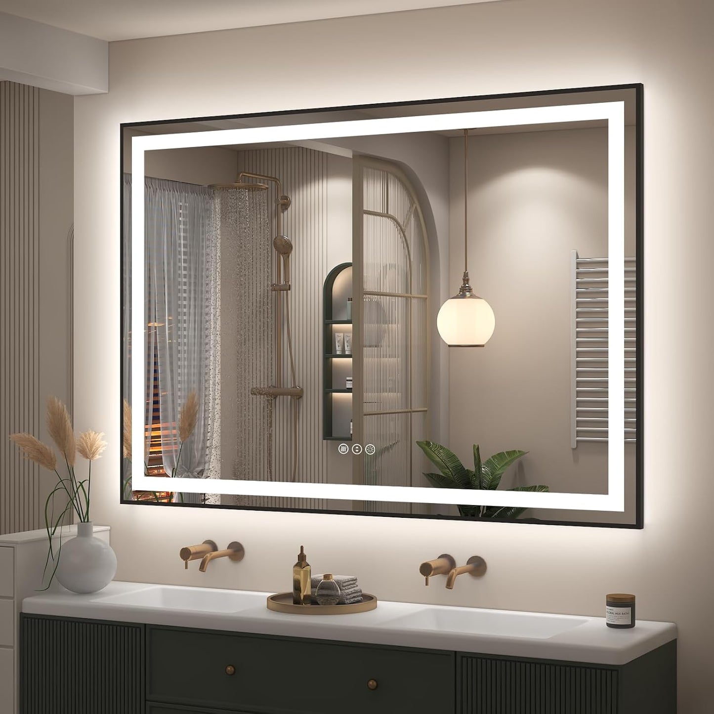 OKPAL 50x40 Black Lighted Mirrors for Bathroom Wall, Framed LED Bathroom Mirror, Defogger, Dimmable, Shatterproof, Memory, 3 Colors, ETL Listed (Front Light and Backlit)