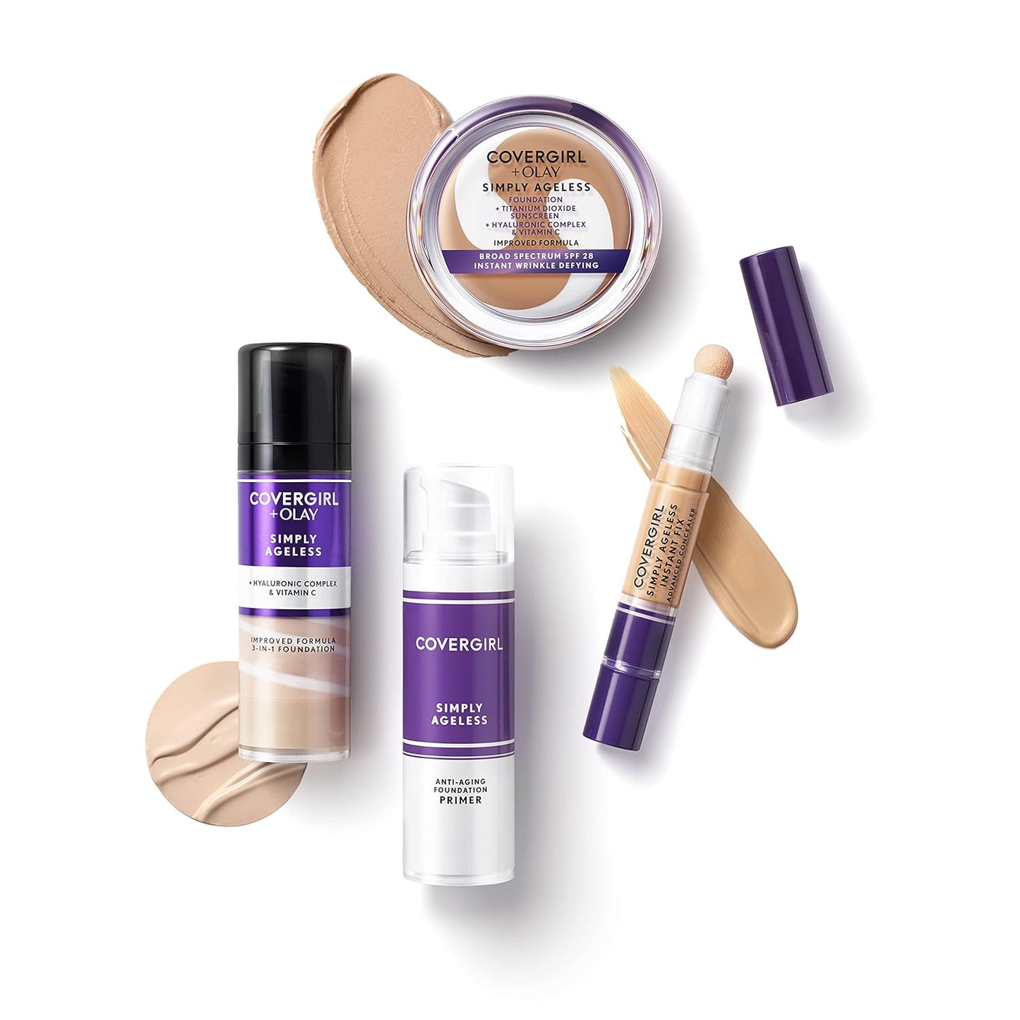 COVERGIRL Simply Ageless Instant Wrinkle Defying Foundation, SPF 28, Hyaluronic Complex & Vitamin C - 250 Creamy Beige, Pack of 1