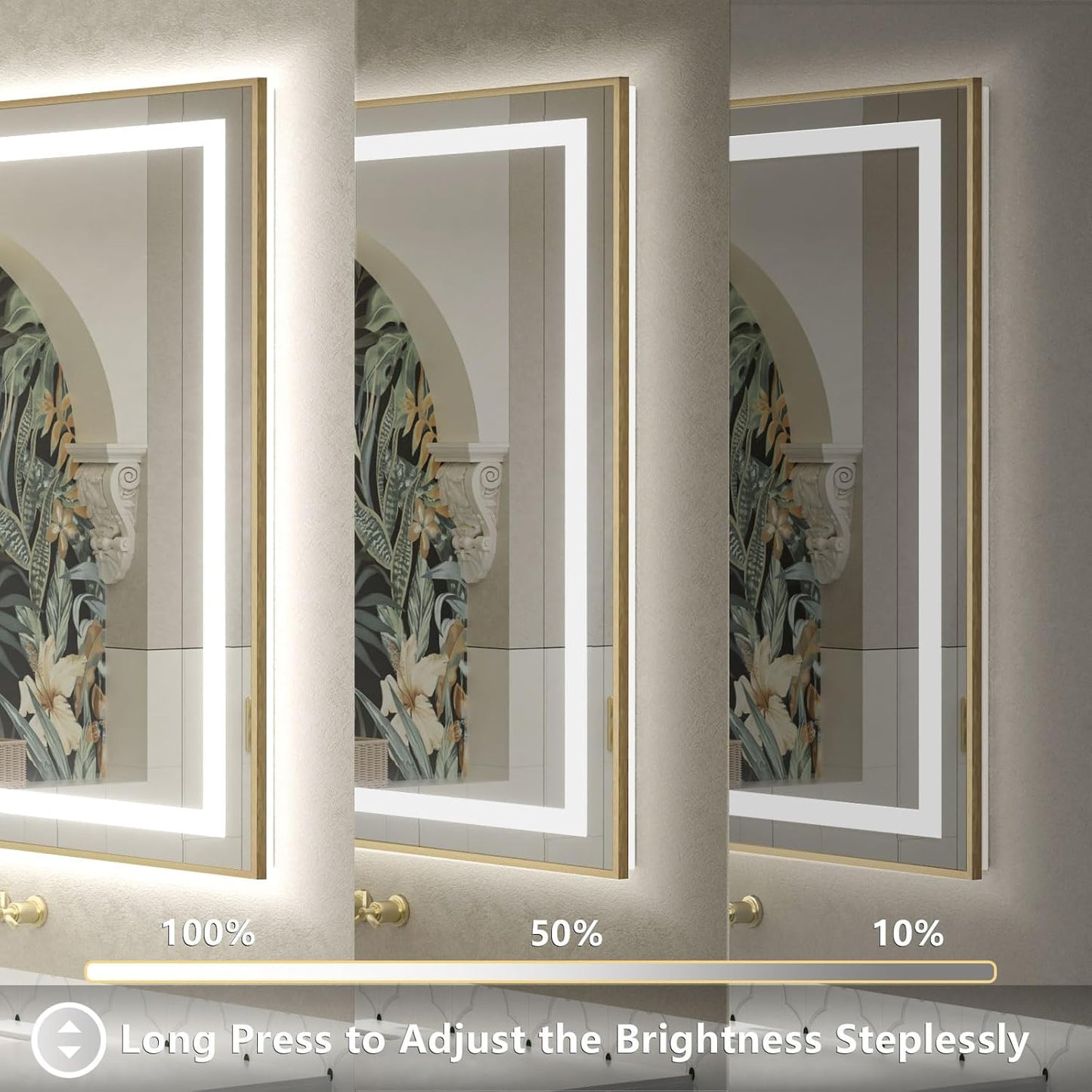 OKPAL 48x40 Gold LED Mirror for Bathroom with Frontlit & Backlit, Metal Framed Lighted Bathroom Mirror with Lights, Anti-Fog, Dimmable 3 Colors, Shatterproof, Horizontal/Vertical