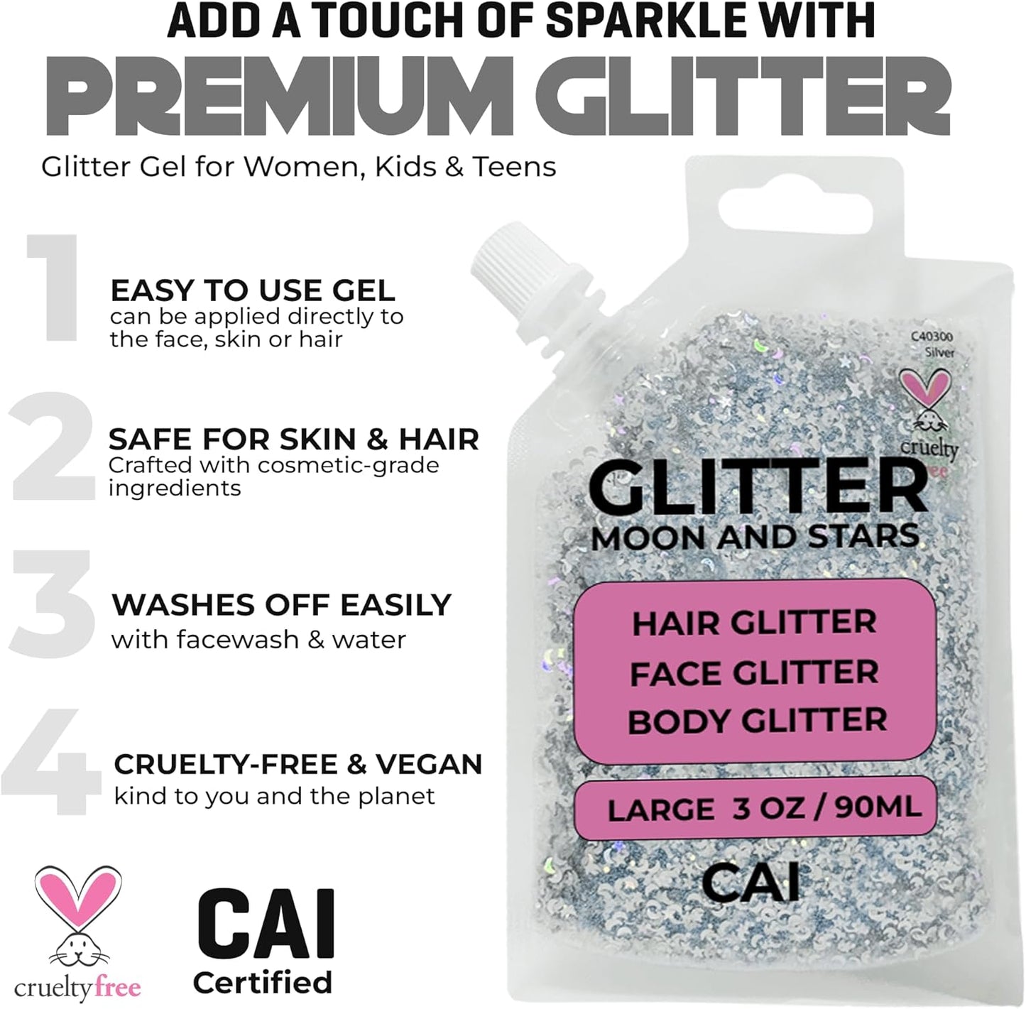 Face, Body & Hair Glitter Gel – Halloween Glitter for Kids and Women – 3 Oz Cosmetic-Grade Gel w/Moon & Stars for Festivals & Halloween Party, Easy Apply & Wash Off - Gold 2Pack