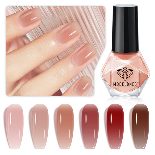 modelones Jelly Nail Polish of 6 Colors Sheer Nude Mini Nail Polish Set Natural Jelly Red Pink Brown Colors Quick Dry Fingernail Polish for DIY Fall Winter Nail Art Salon Home Gift for Women Girl