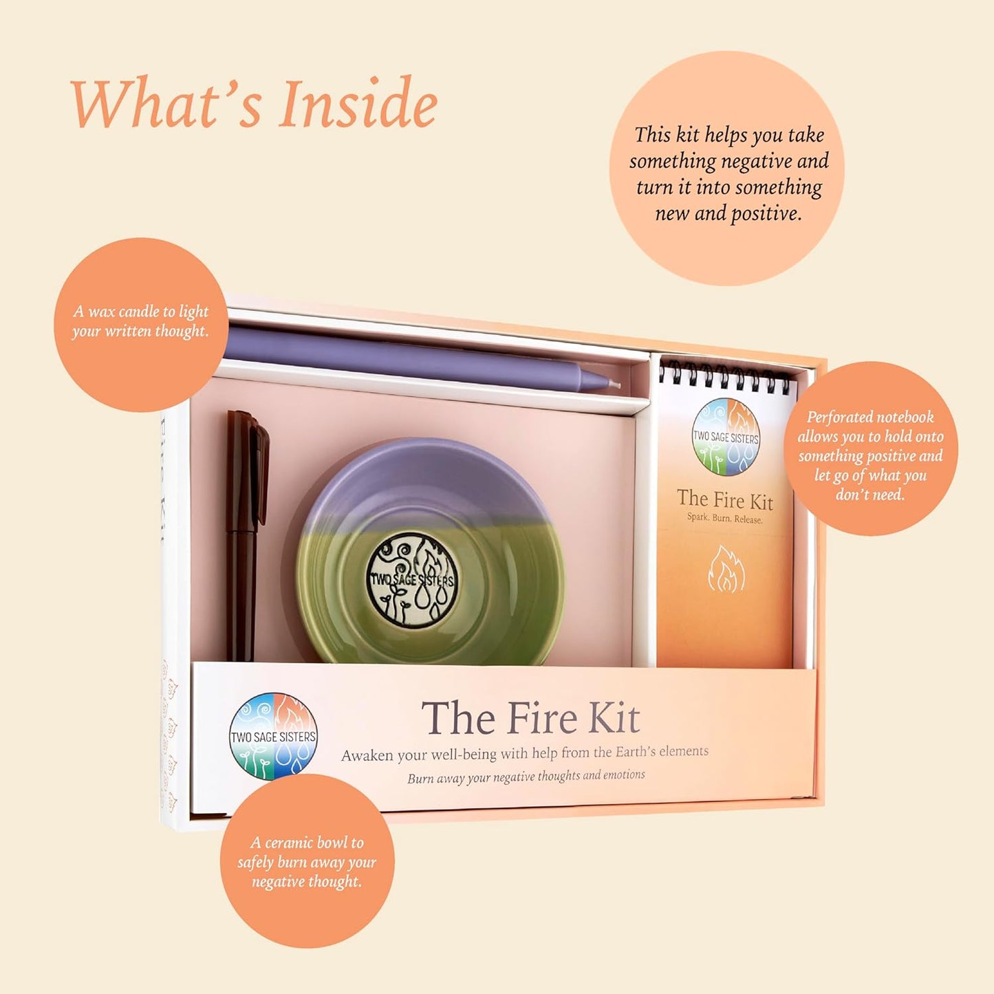 The Fire Kit by Two Sage Sisters - Self Care Kit with Ceramic Bowl, Notebook, Candle, and Marker, Pamper and Self Care Gifts for Women and Men, Mens and Womens Care Package for Healing, Self-Nurturing