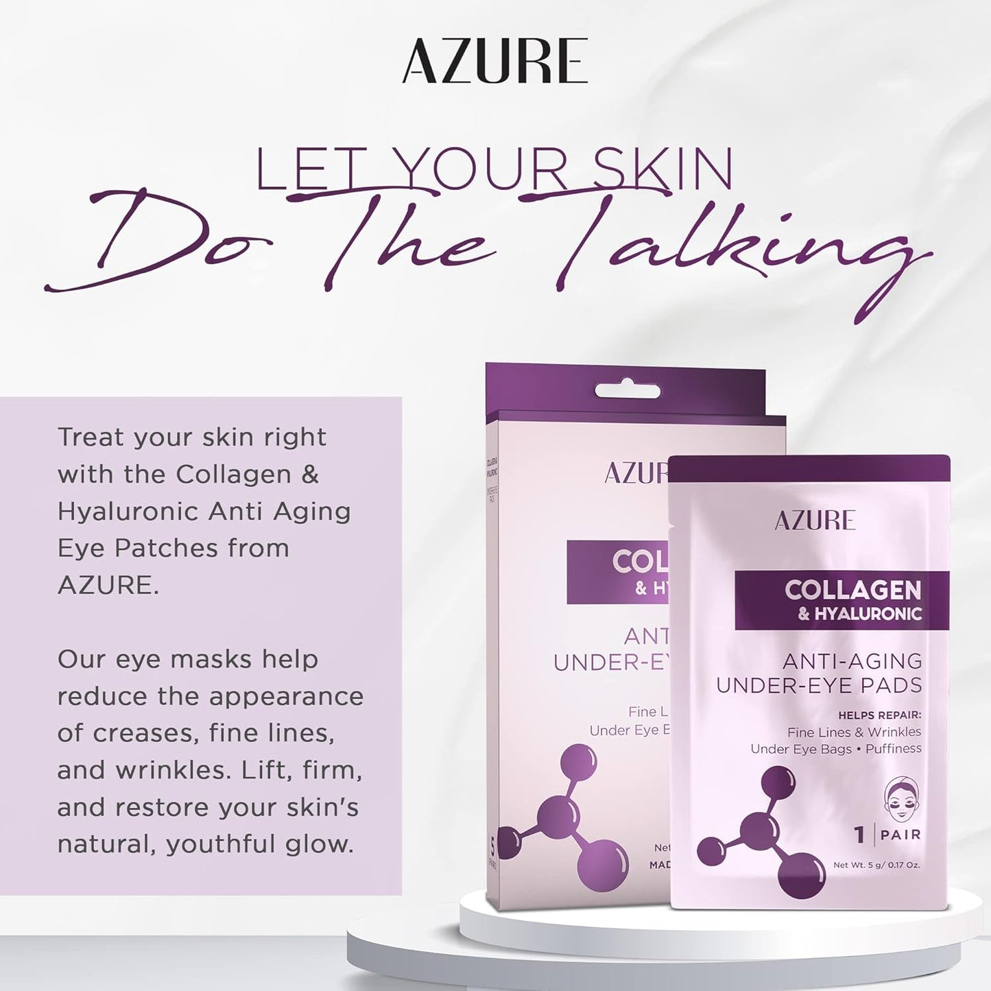 AZURE Collagen & Hyaluronic Acid Anti Aging Under Eye Pads - Lifting & Moisturizing Eye Mask Patches - Reduces Fine Lines, Wrinkles, Dark Circles & Puffiness - Skin Care Made in Korea - 5 Pairs