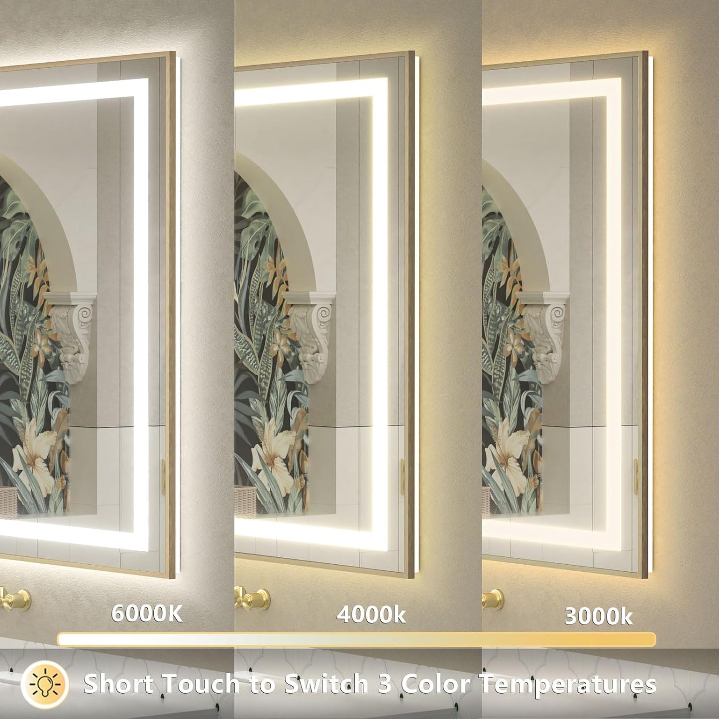 OKPAL Gold LED Bathroom Mirror with Lights, 50x40 Frontlit & Backlit Lighted Bathroom Mirror, LED Vanity Framed Mirror, Anti-Fog, Dimmable, 3 Colors, Shatterproof, ETL Listed