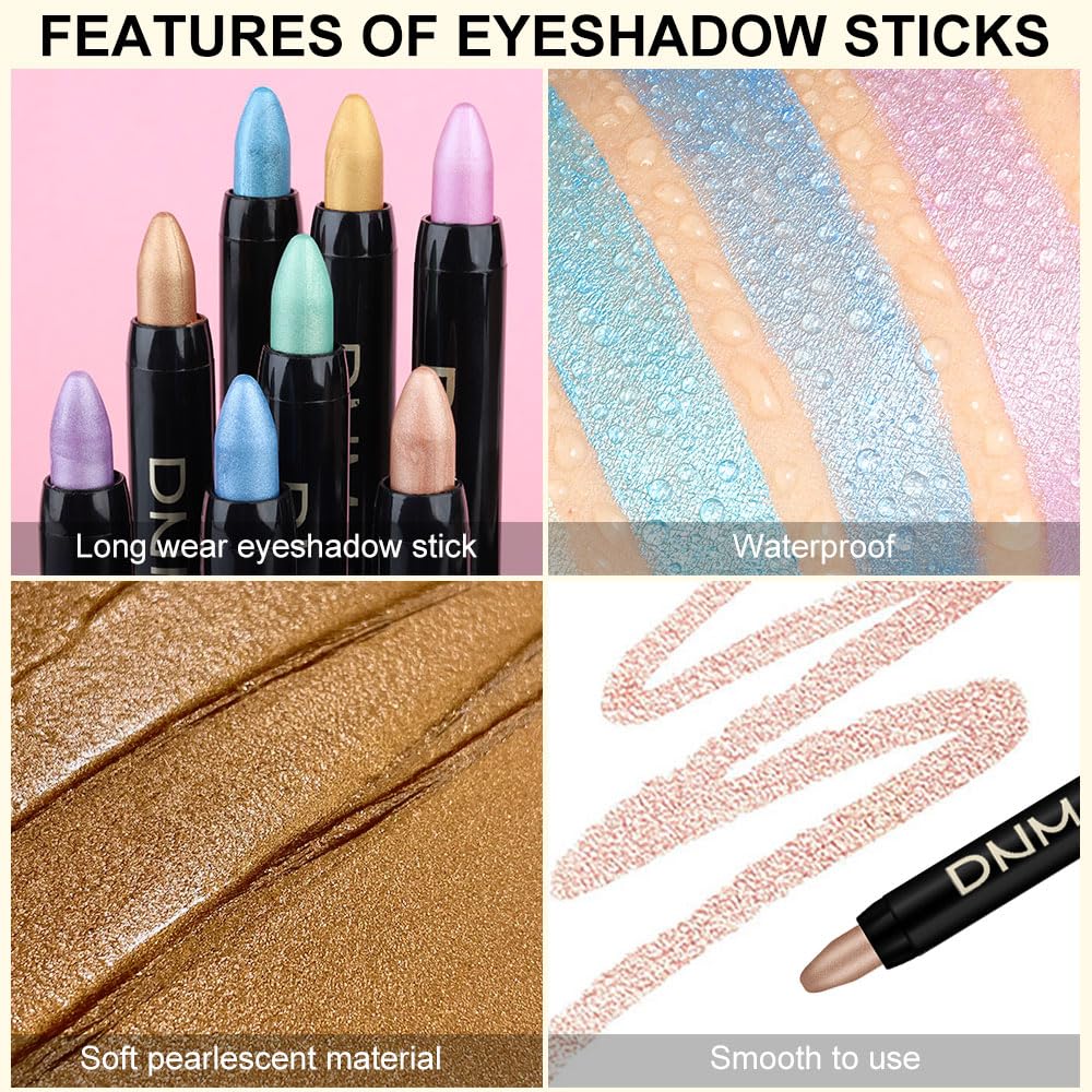 Kaely 8Pcs Cream Eyeshadow Stick Set, Desert Mocha Beige Gold Light Purple Pink Sky Dazzling Blue Geen, Shimmer Eyeliner Pencil Eye Shadow Sticks Palette Makeup for Older Women, sombras para ojos 02