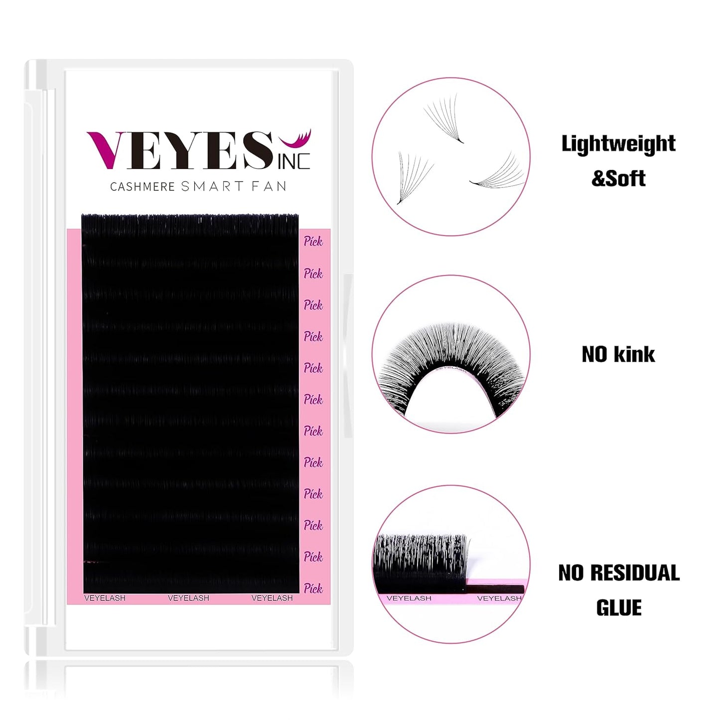 VEYES INC Cashmere Smart Fan Lash Extensions 0.03 0.05 0.07 C/CC/D Curl 8-20mm Mixed & Single Length, Super Matte Black Volume Lashes