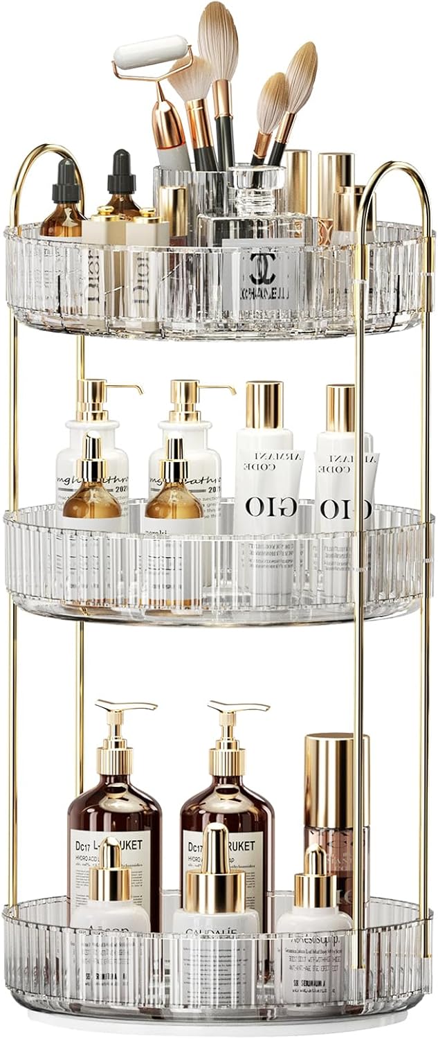 360° Rotating Makeup Organizer, Large-Capacity Skincare Make Up Storage 3 Tier Perfume Organizers Cosmetic Dresser Organizer with Makeup Brush Holder, Fits Bedroom, Bathroom, Vanity Shelf Countertop