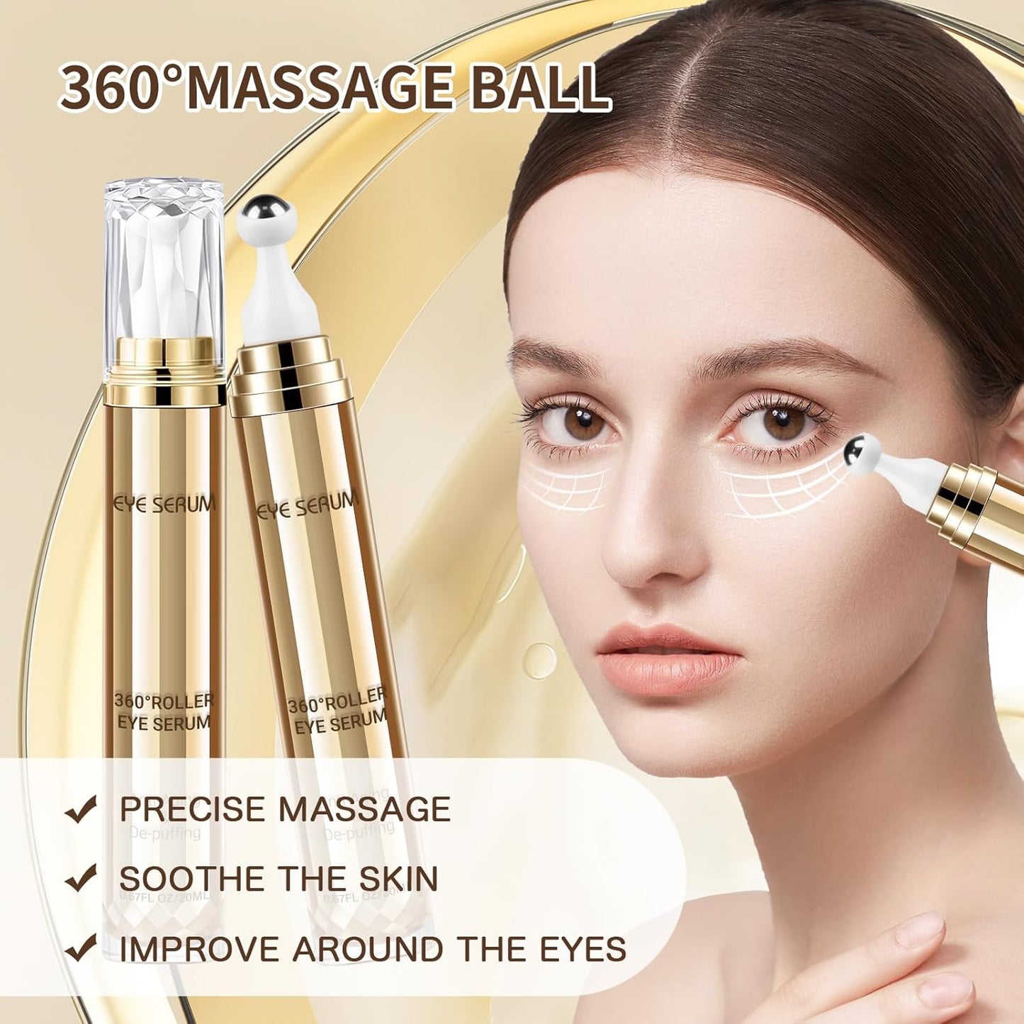 Caffeine Eye Serum, 0.67 Fl. Oz. Under Eye Cream for Dark Circles and Puffiness Eye Care Eye Serum Anti Aging with 360° Massage Ball Reduce Eye Bags, Wrinkles and Fine Lines