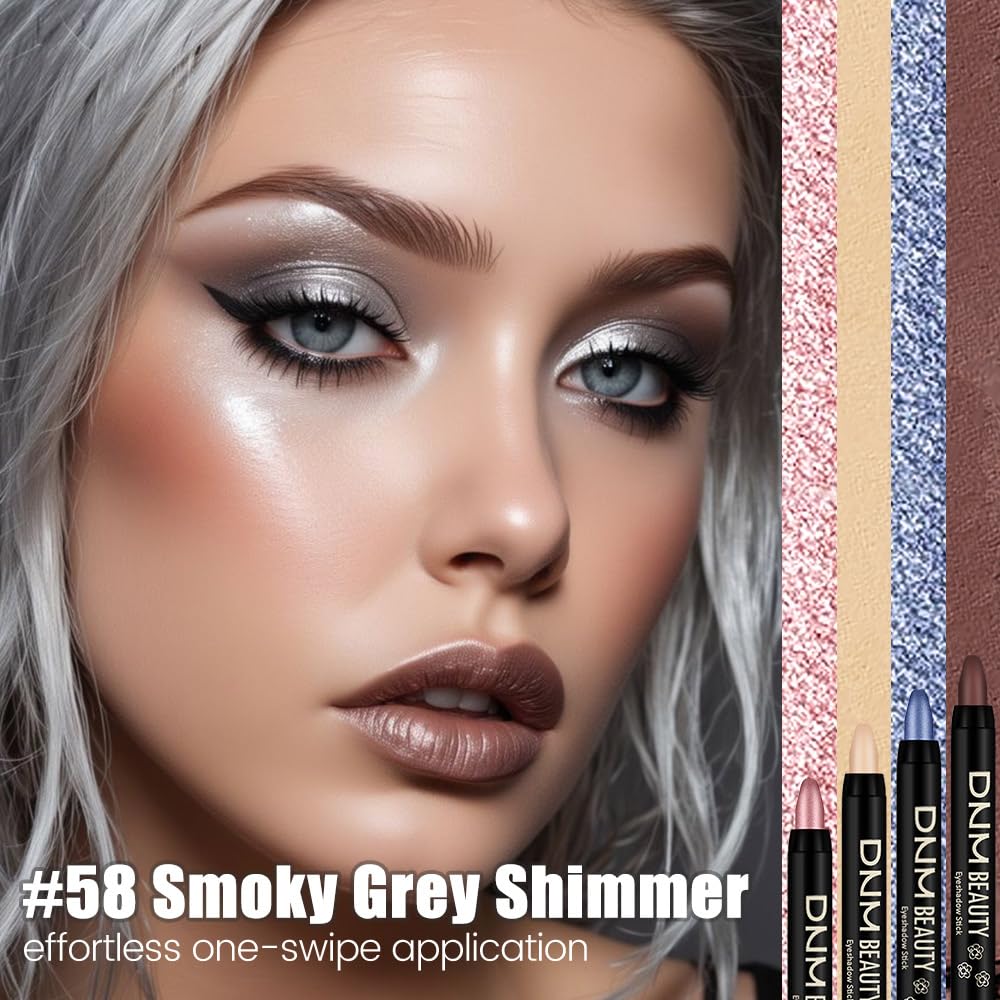 evpct Grey Shimmer Cream Eye Shadow Sticks Brightener Pencils for Women, Shimmery Grey Silky Eyeshadow Applicator Stick Pen Waterproof, Blendable Crease-Proof Stick Eyeshadow Shimmer Eye Makeup 58