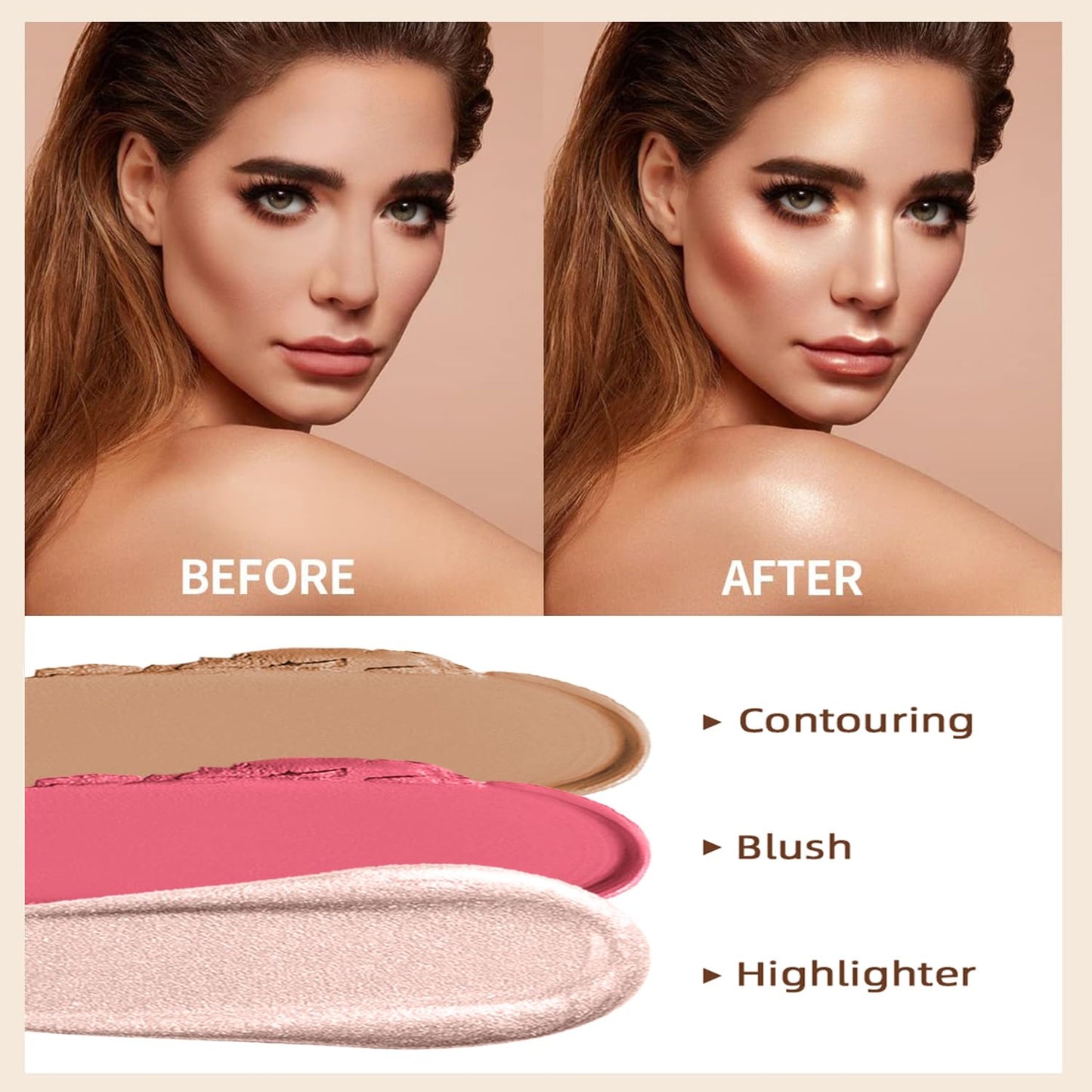 3 Pcs Cream Contour Stick Makeup Kit, Shades with Highlighter, Blush and Bronzer Contour Stick for Sculpt the Cheeks, Waterproof, Matte & Dewy Finish (Medium,#04+#07+#14)