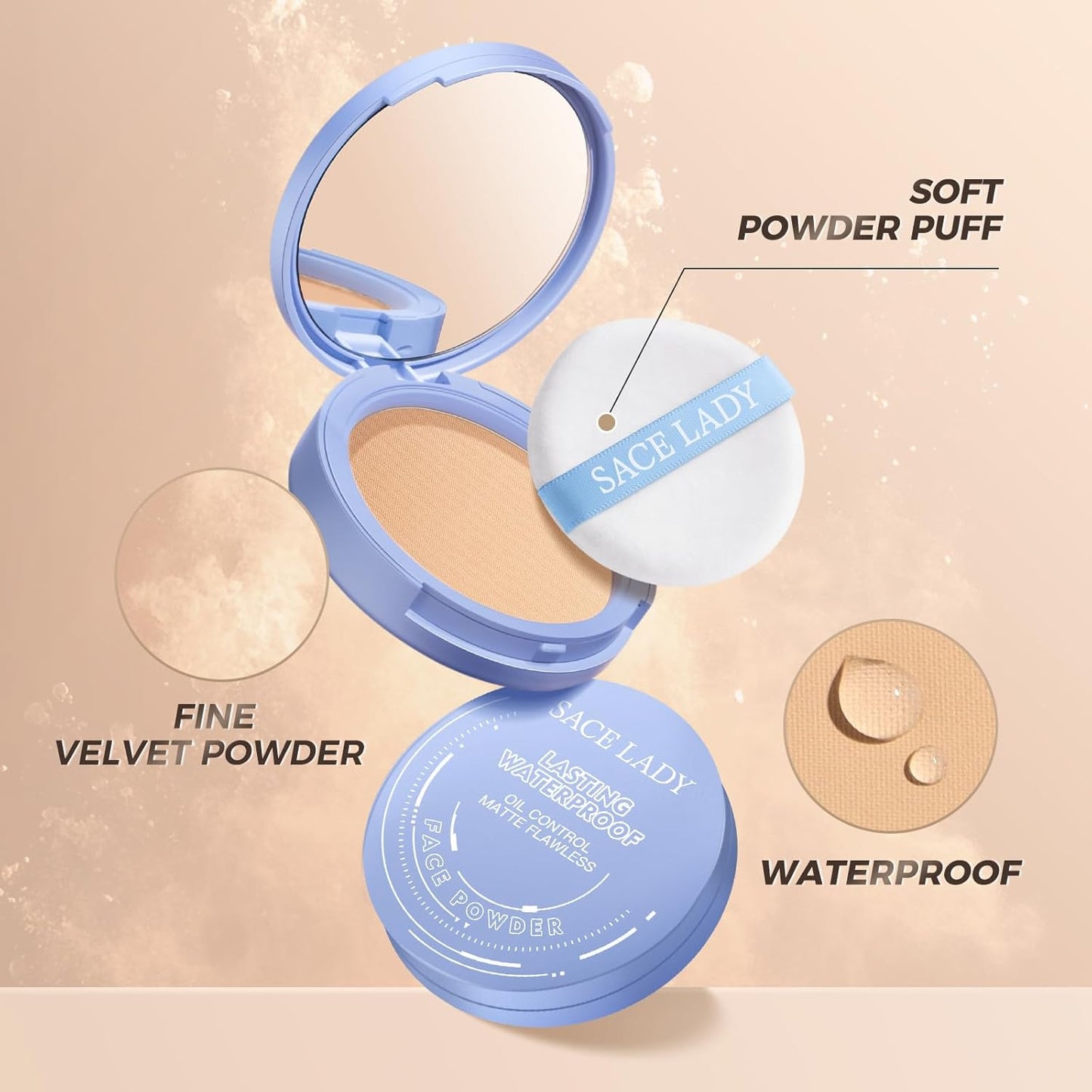 SACE LADY Face Pressed Powder Sets Makeup, Controls Shine, Smooth Fine Lines for Flawless Lightweight Finishing Effect, Long Lasting Compact Cosmetics Cruelty-free, 0.35oz