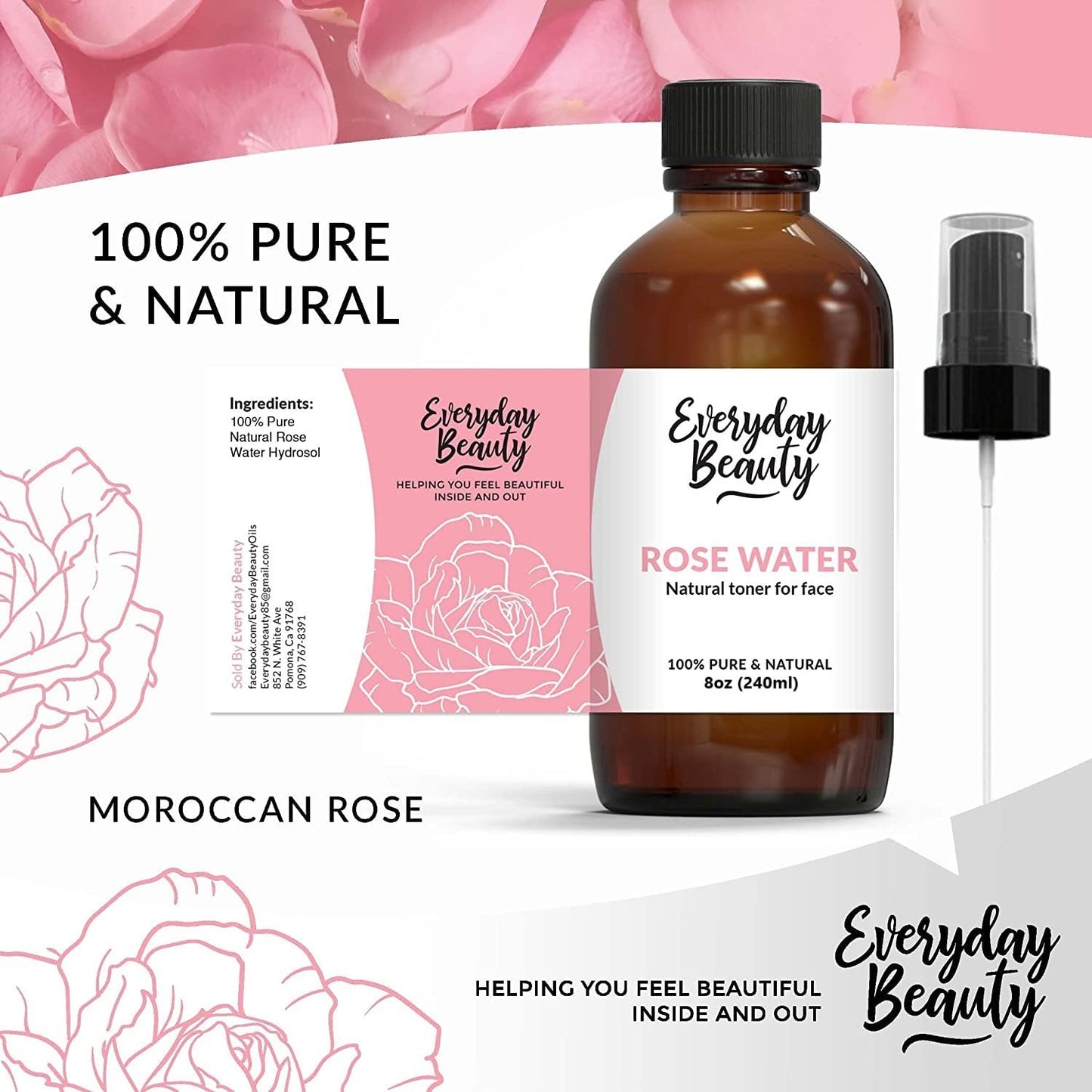 Rose Water Facial Toner - Alcohol-Free Vegan All Natural Refreshing Spray Mist for Face and Hair - Uplifts, Calming & Soothing for All Skin Types 8oz with Fine Mist Cap