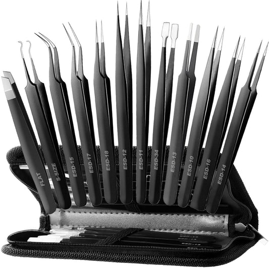 Antonki 12 Pack Precision Tweezers Set for Craft, Soldering, Jewelry, Facial Hair, Eyebrow, Ingrown Hair Removal, Eyelash Extension- with Case
