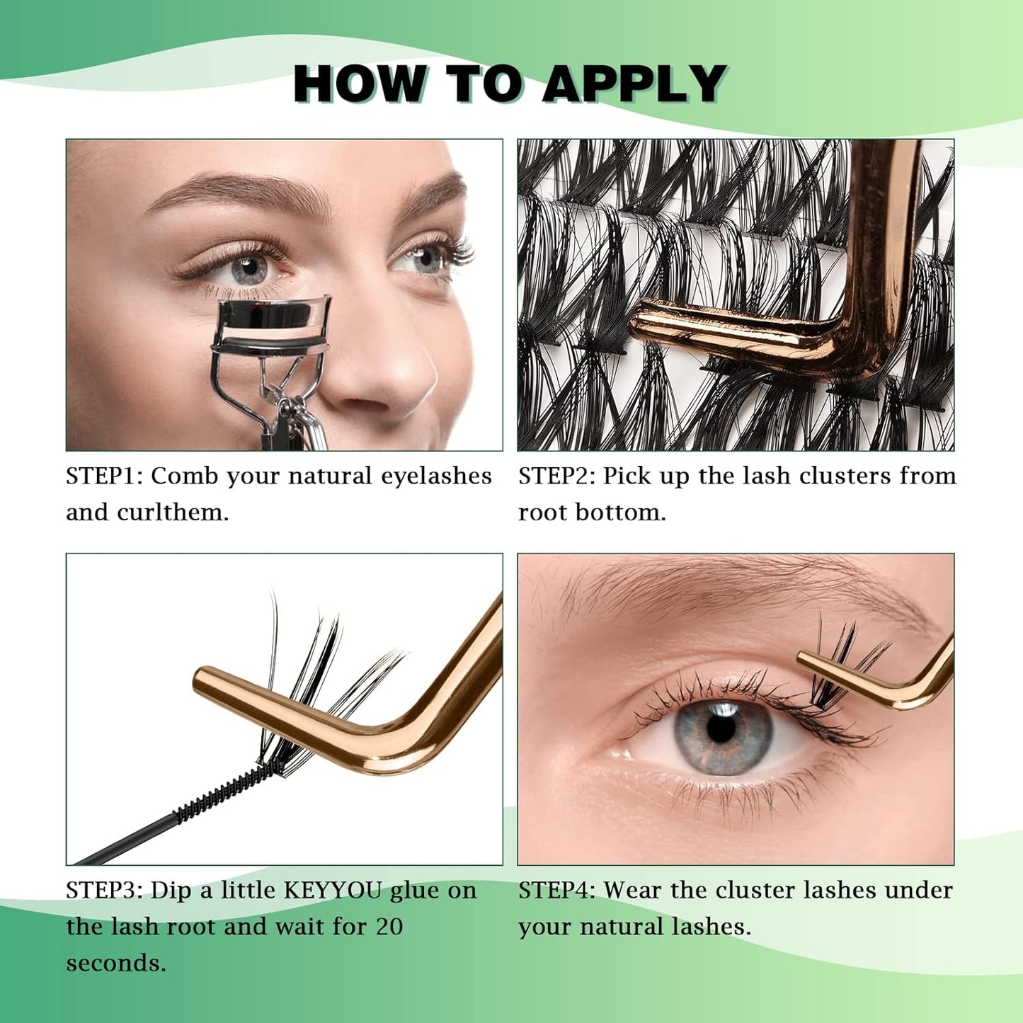 Lash Clusters 300pcs Individual Lashes 50D 0.07D Curl 16mm DIY Eyelash Extension KEYYOU Large Tray Volume Soft&Natural Cluster Lashes(50D-0.07D,16）