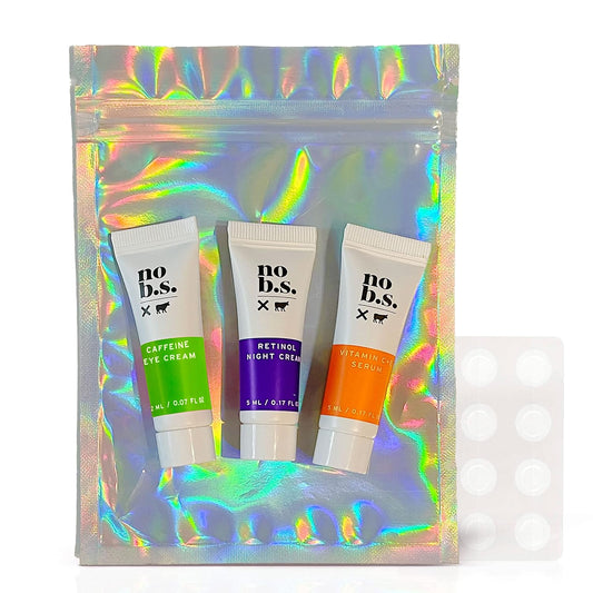 No B.S. (No Bad Stuff) Skincare Minis Kit, Vitamin C & E Serum with Hyaluronic Acid, Retinol Night Cream, Caffeine Eye Cream & Invisible, Waterproof Acne Patches, 4 Product Trial Size