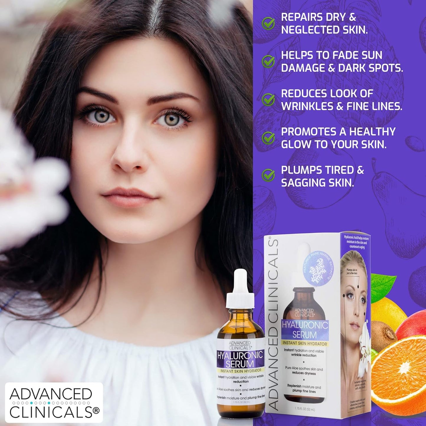 Advanced Clinicals Hyaluronic Acid Face Serum Skin Care Facial Moisturizer To Restore Skin, Anti Aging Face Serum For Wrinkles, Dark Spots, Fine Lines, & Dry Skin, 1.75 Fl Oz (Pack Of 2)