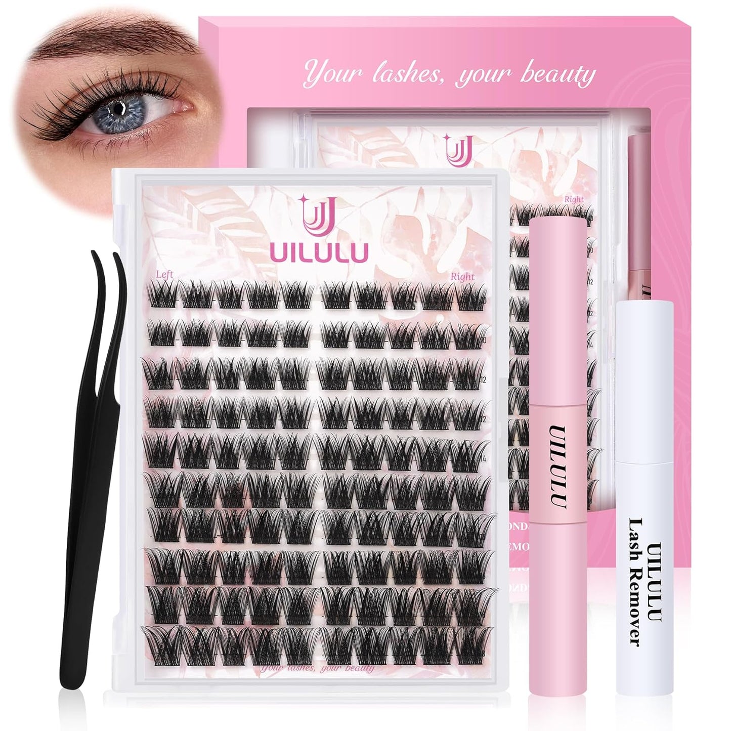 Lash Clusters Kit 10-18mm D Curl Clusters Eyelash Extensions Kit False Eyelash Clusters, DIY Lash Extension Kit with Lash Bond & Seal, Lash Glue Remover, Lash Tweezers U17 Kit