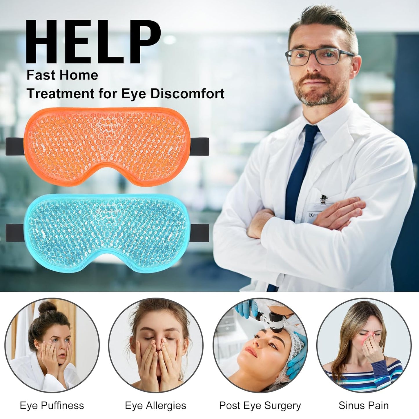 BeeVines Gel Eye Mask, 2 Pack Cooling Ice Masks for Puffy Eyes for Men & Women, Cold & Warm Compress for Post Surgery, Puffiness, Allergies Treatment(Blue & Orange)