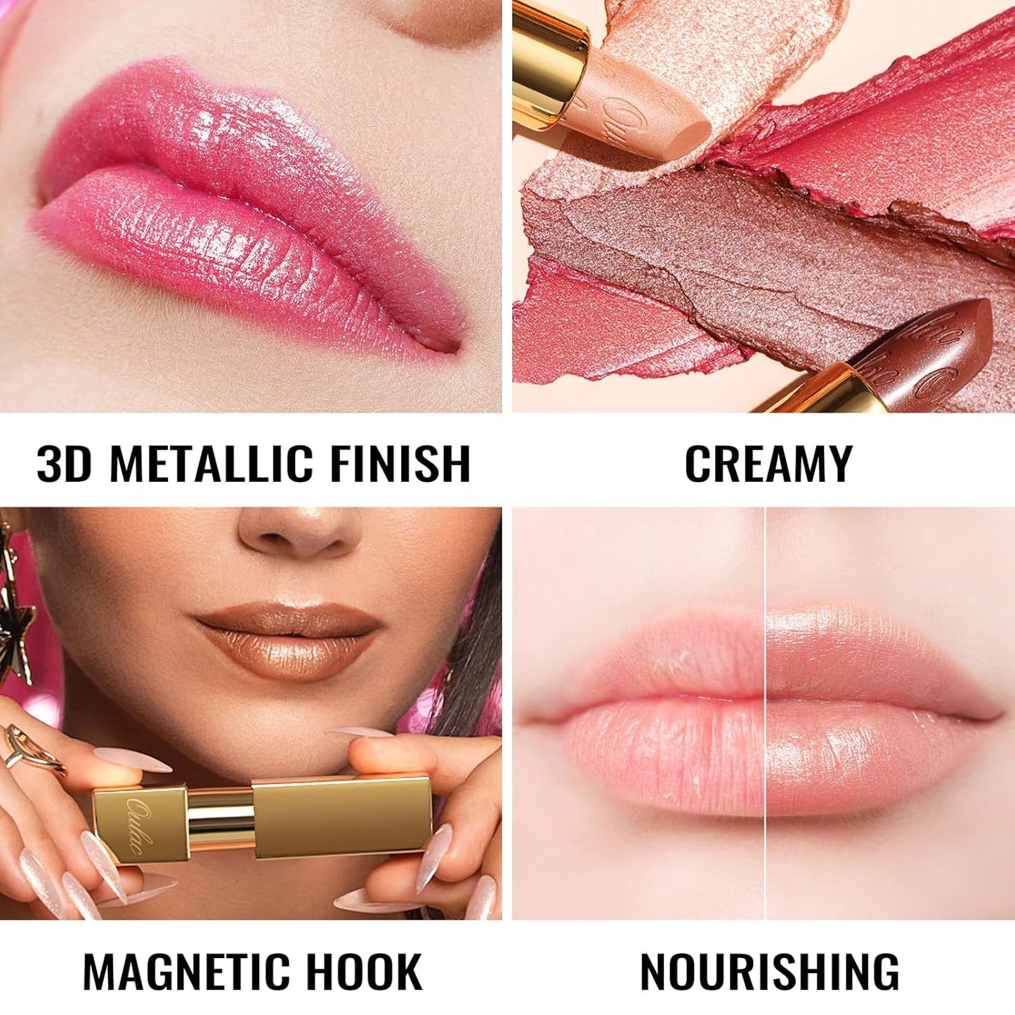 Oulac Metallic Puple Lipstick Set 3PCS, Comfortable Creamy Texture, Smooth No Grainy Feeling, Vegan & Gluten Free, Full-Coverage Lip Makeup, 3 X 4.3 g, 606+04+14