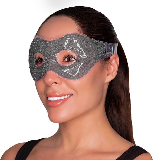 Gel Eye Mask with Eye Holes- Hot Cold Compress Pack Eye Therapy | Cooling Eye Mask for Puffy Eyes, Dry Eyes, Headaches, Migraines, Sinus, Dark Circles - Reusable Eye Face Mask | Ergo Gel Bead (Grey)