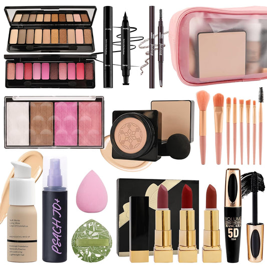 All In One Multipurpose Makeup Kit for Women,Travel Makeup Set,Makeup Gift Full Kit,Includes Foundation Eyeshadow Palette Lipstick Mascara Eyeliner Blusher Cosmetic Brush Set with Makeup Bag-Set B