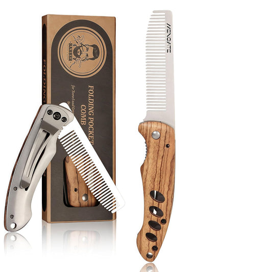 1PC Folding Pocket Beard & Hair Comb for Men - Stainless Steel Tactical Grooming Tool with Wooden Handle, EDC Pocket Comb with 180° Rotatable for Travel & Daily Styling