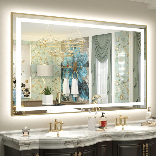 OKPAL 48x30 Gold LED Mirror for Bathroom with Frontlit & Backlit, Metal Framed Lighted Bathroom Mirror with Lights, Anti-Fog, Dimmable 3 Colors, Shatterproof, Horizontal/Vertical