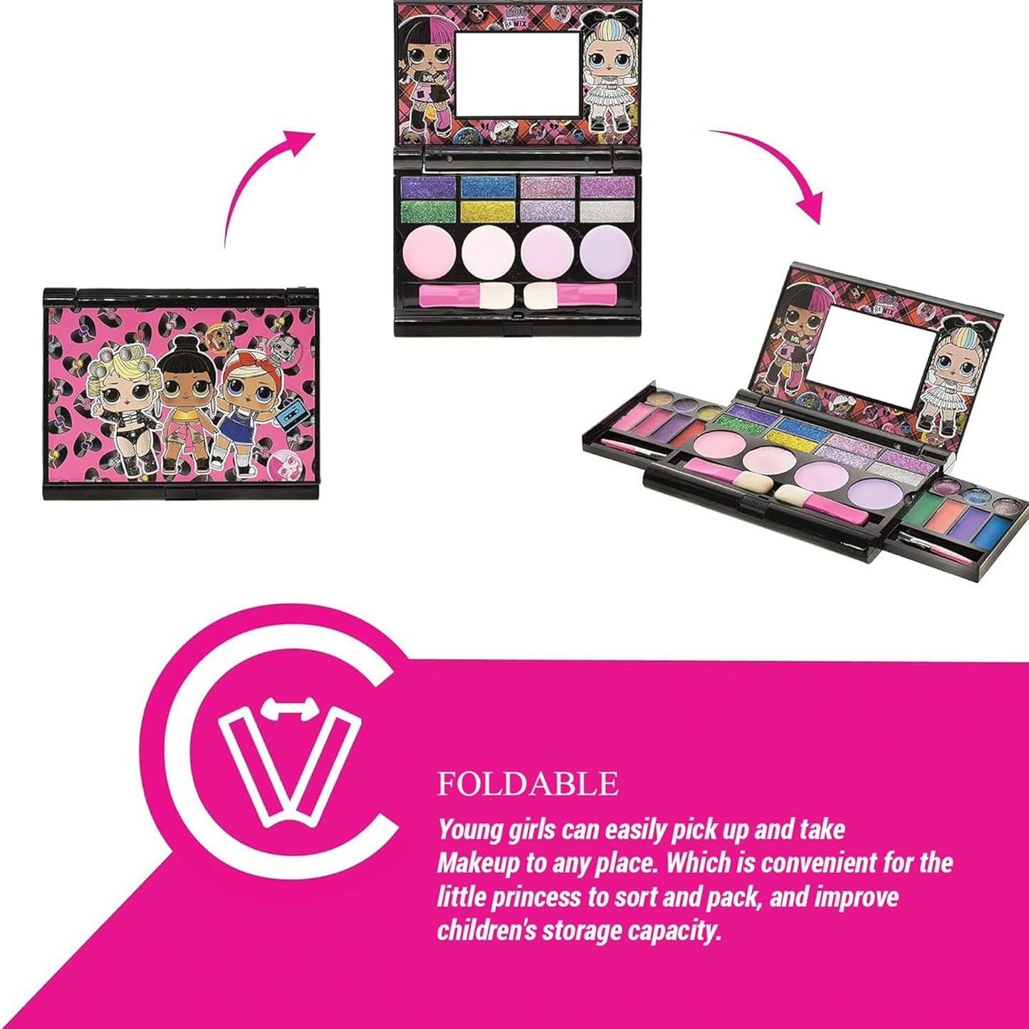 LOL Surprise Cosmetic Compact Set Includes Mirror, 14 Lip glosses, 8 Eye Shadow, 4 Blushes & 4 Brushes Safe & Non-Toxic Colorful Portable Foldable Makeup Beauty Kit for Girls, Townley Girl