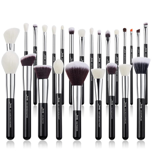 Jessup 25pcs Professional Makeup Brush Set Foundation Powder Concealer Eyeshadow Blending Blush Highlighter Natural-Synthetic Hair Brushes (Black/Silver)