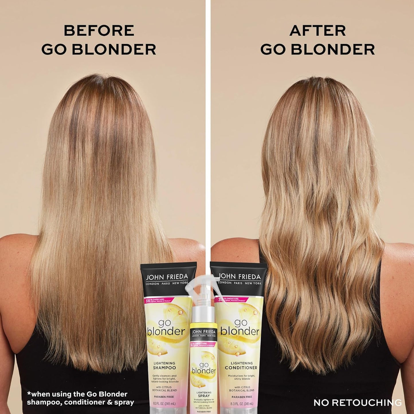 John Frieda Go Blonder Lightening Spray, Gradually Lightens Blonde Color, For Natural or Color-Treated Hair, Formulated with a Citrus Bontanical Blend, Paraben Free, 3.5 Oz, Pack of 2