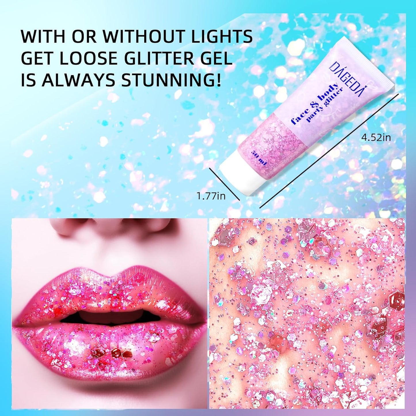 DAGEDA Body Glitter Gel, Face Glitters Body Gel Sequins Shimmer Liquid Eyeshadow, Chunky Glitter for Face Hair Nails, Holographic Cosmetic Laser Powder Festival Makeup 50ml(Pink)