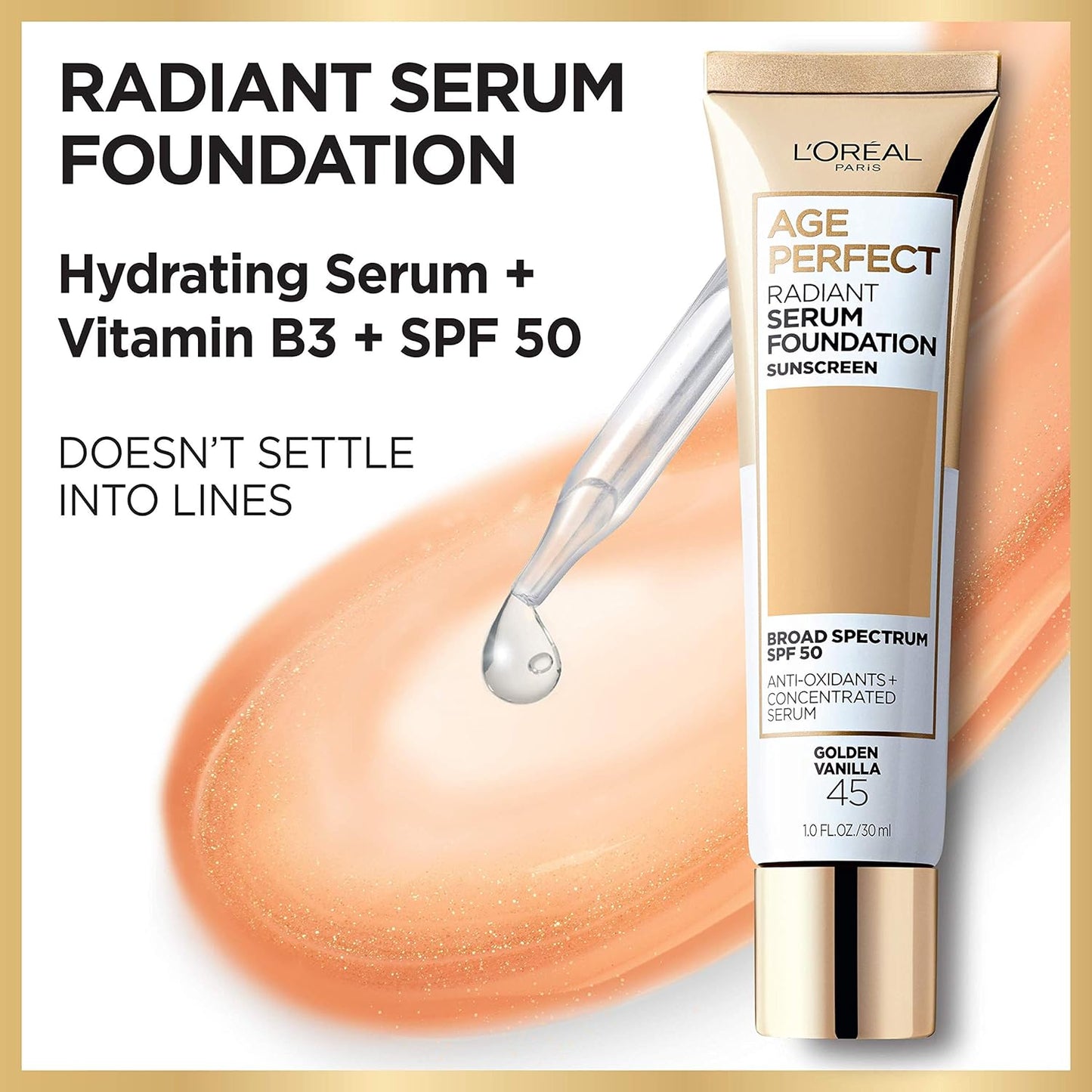 L'Oreal Paris Age Perfect Radiant Serum Foundation with SPF 50, Sienna, 1 Ounce