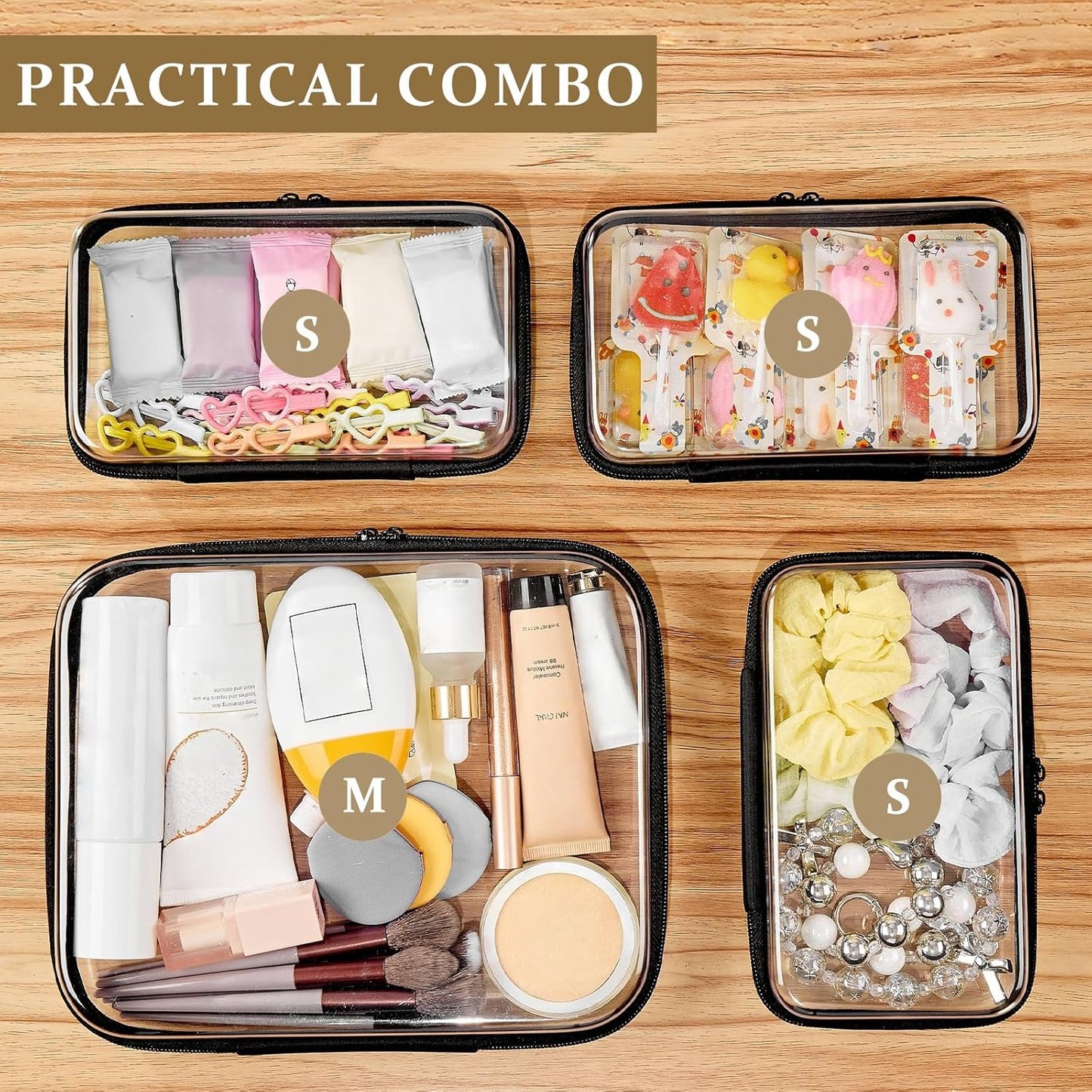 4 pcs Clear Zipper Pouches,Hard Shell Zipper Case, Toiletry Bag for Travel, CLear Diaper Bag, Toiletry Pouch, Travel Organizer, Clear Cosmetic Bag,Toy Storage Bins (M+3S)(Black)