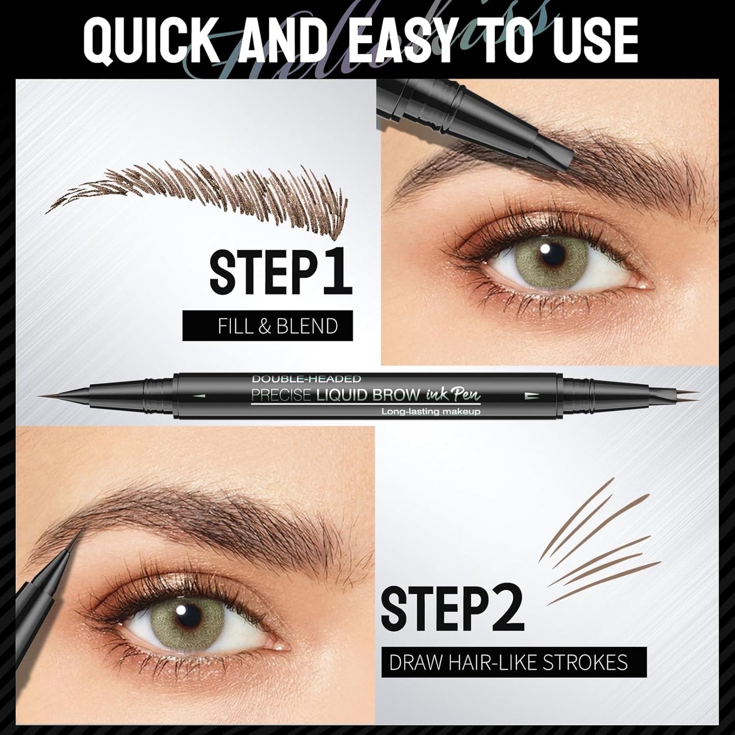 Microblading Eyebrow Pen, Curved Eyebrow Pencil 2-in-1 Dual-Ended Eyebrow Pencil 2-Fork-Tip and Single Tip Creates Natural Eyebrows Waterproof Long-lasting (Black Brown)