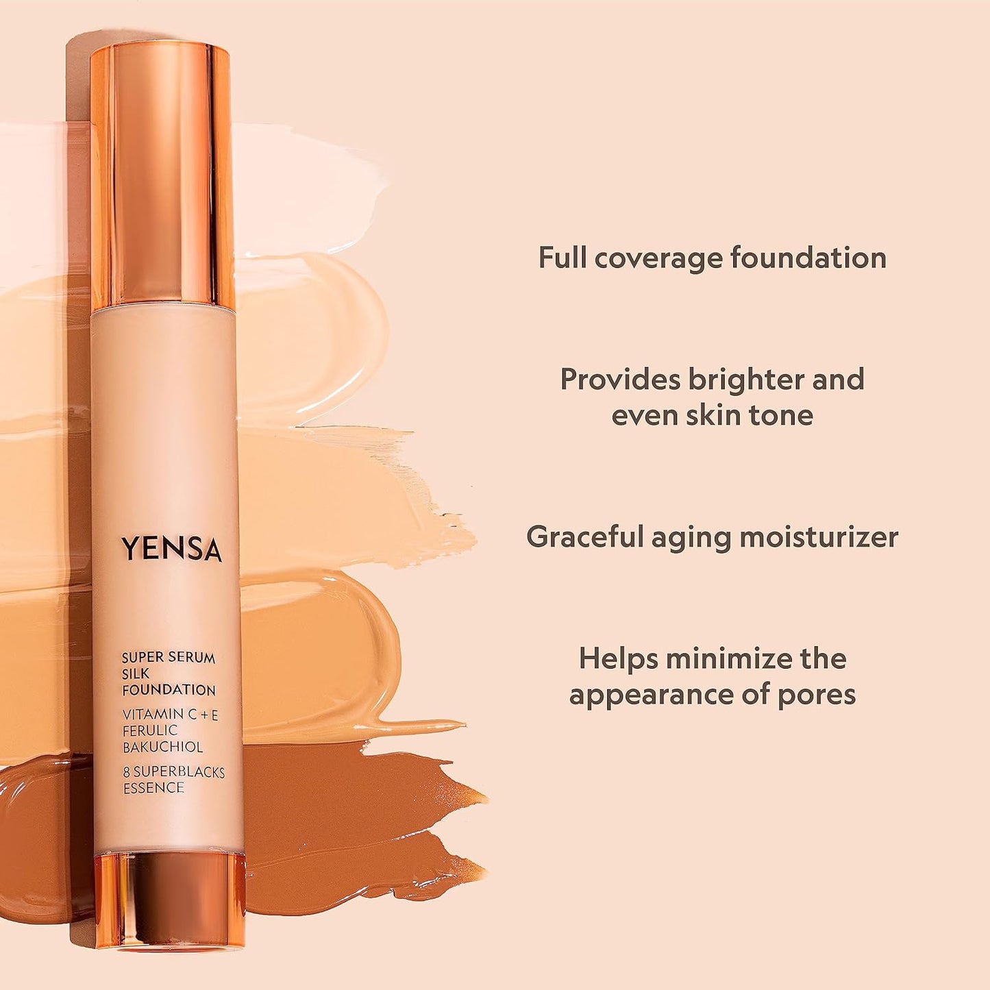 YENSA Super Silk Foundation - Full Coverage, Age-defying complex of Vitamin C, E, Ferulic, and Bakuchiol Oil (Tan 2) 1.0 fl oz