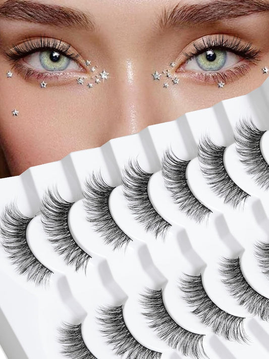 Lashes Cat Eye 15mm False Eyelashes Natural Lashes Strips Thin Band Wispy Lash Pack 3D Volume Fake Eyelash Curly 7 Pair Siligli