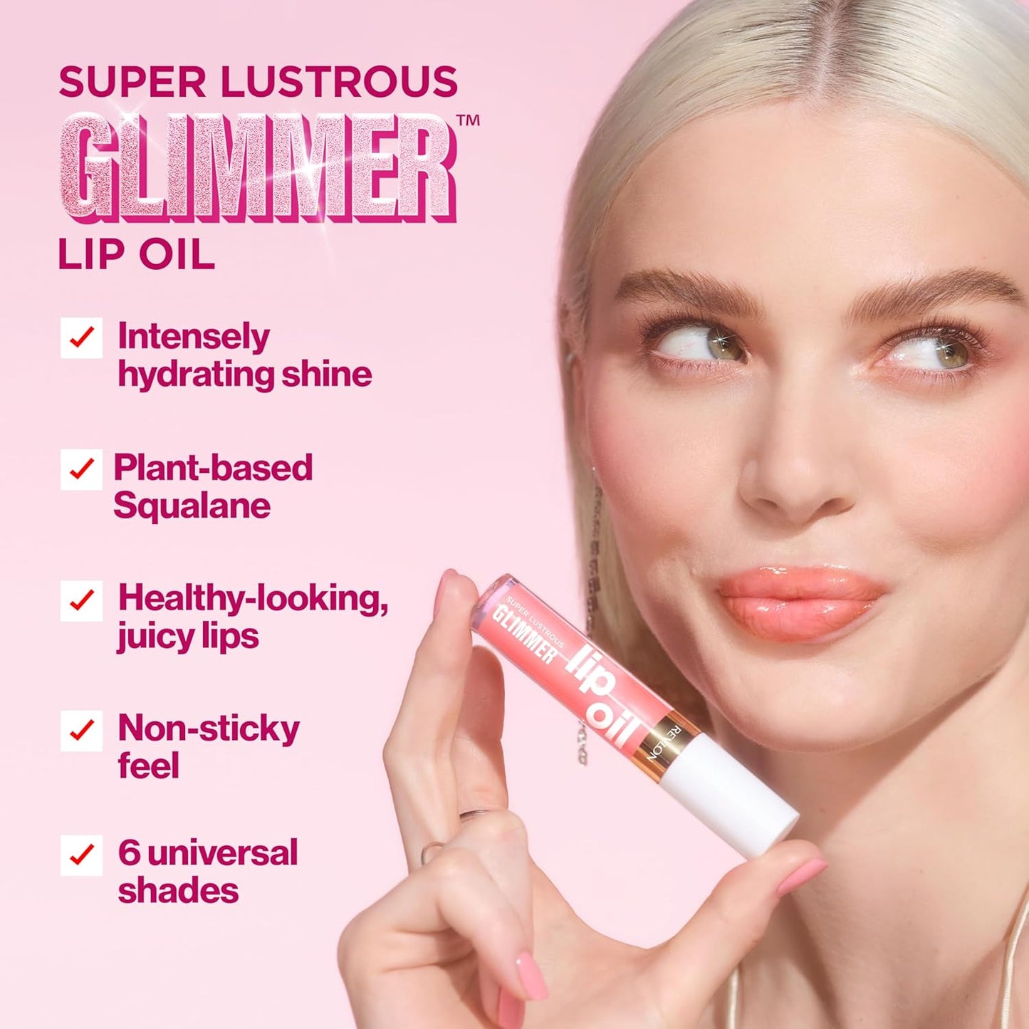 REVLON Super Lustrous Glimmer Lip Oil, Moisturizing & Tinted, Shiny Finish, Made with Plant-Based Squalane, 007 Posh Peach, 0.13 fl oz