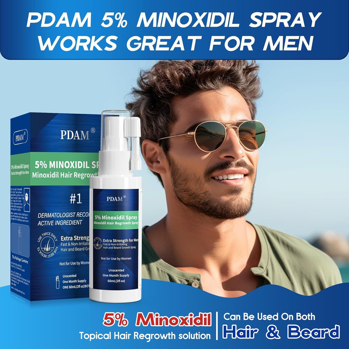 Minoxidil for Men Hair Growth Spray - 5% Topical Minoxidil for Hair and Beard Growth, Extra Strength Hair Regrowth Treatment for Hair Loss & Thinning Hair, 2 Fl Oz (60ml) *1