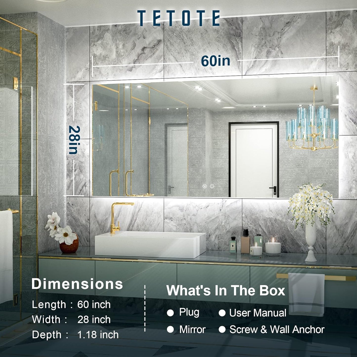 TETOTE 60 x 28 Inch LED Backlit Mirror with Light Bathroom Vanity Lighted Mirror,Anti-Fog,Dimmalbe,CRI90+,Waterproof,Wall Mounted