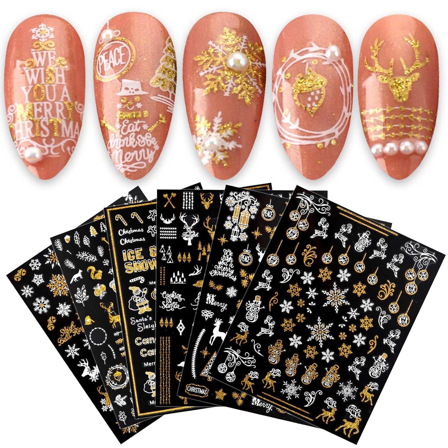 JMEOWIO 9 Sheets Christmas Nail Art Stickers Decals Self-Adhesive Pegatinas Uñas Bling Snowflake Snowman Holiday White Gold Nail Supplies Nail Art Design Decoration Accessories
