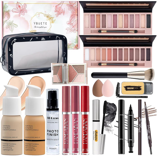 Makeup Set Kit for Women Full Kit, Makeup Present for Women Teen Girl, Eyeshadow Foundation Face Primer Brush 3 in 1 Palette Lip Gloss, Eyebrow Soap Mascara Eyeliner cosmetic bag