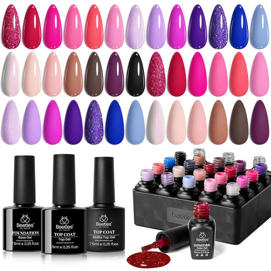 Beetles Pink Gel Nail Polish, Red Purple Nude Blue Glitter 20 Colors Gel Polish Set Romance Rebellion with Base & Top Coat, Soak off Uv LED Cured Nail Art Design Salon Home Gift for Women