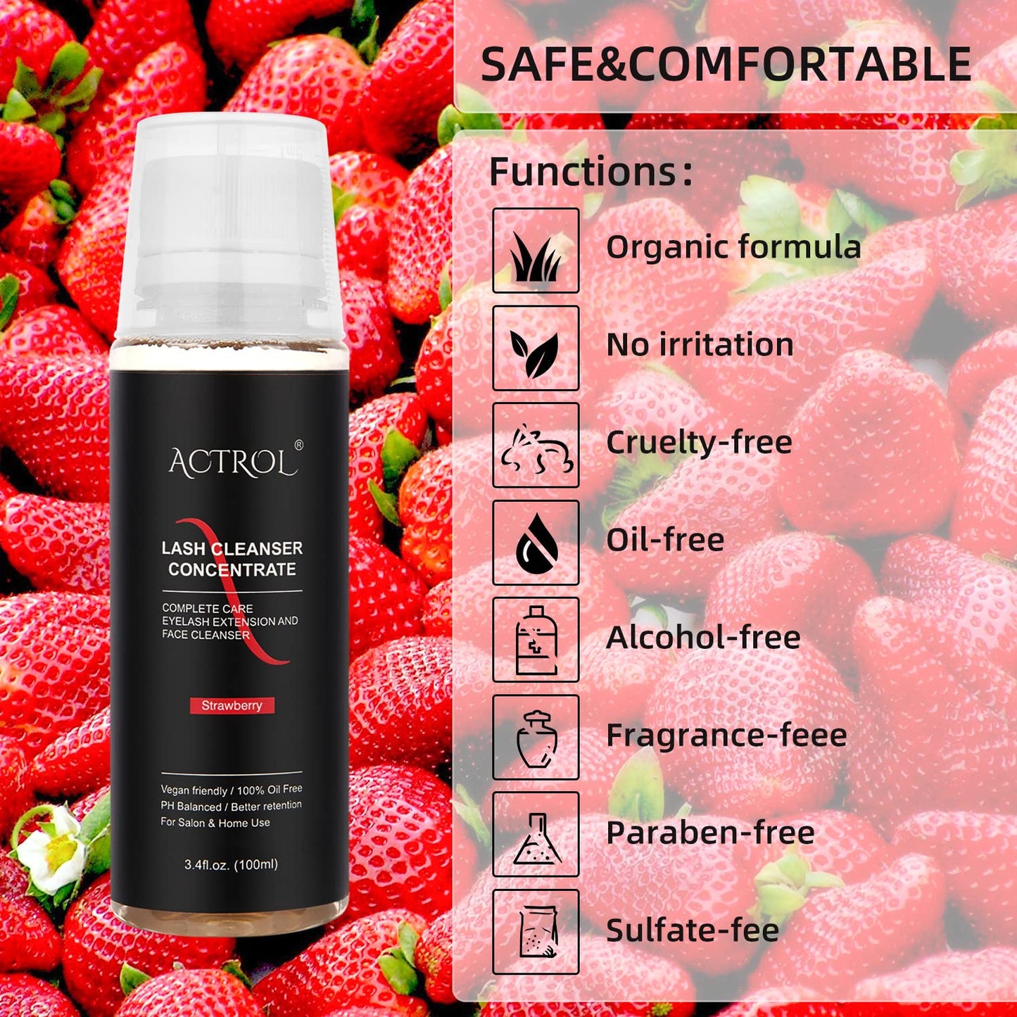 Eyelash Cleanser Concentrate 100ml Strawberry Professional Lash Shampoo Foaming Cleanser Paraben & Sulfate Free Non-lrritating Wash for Extensions Lashes Care-Makes 20 Bottles
