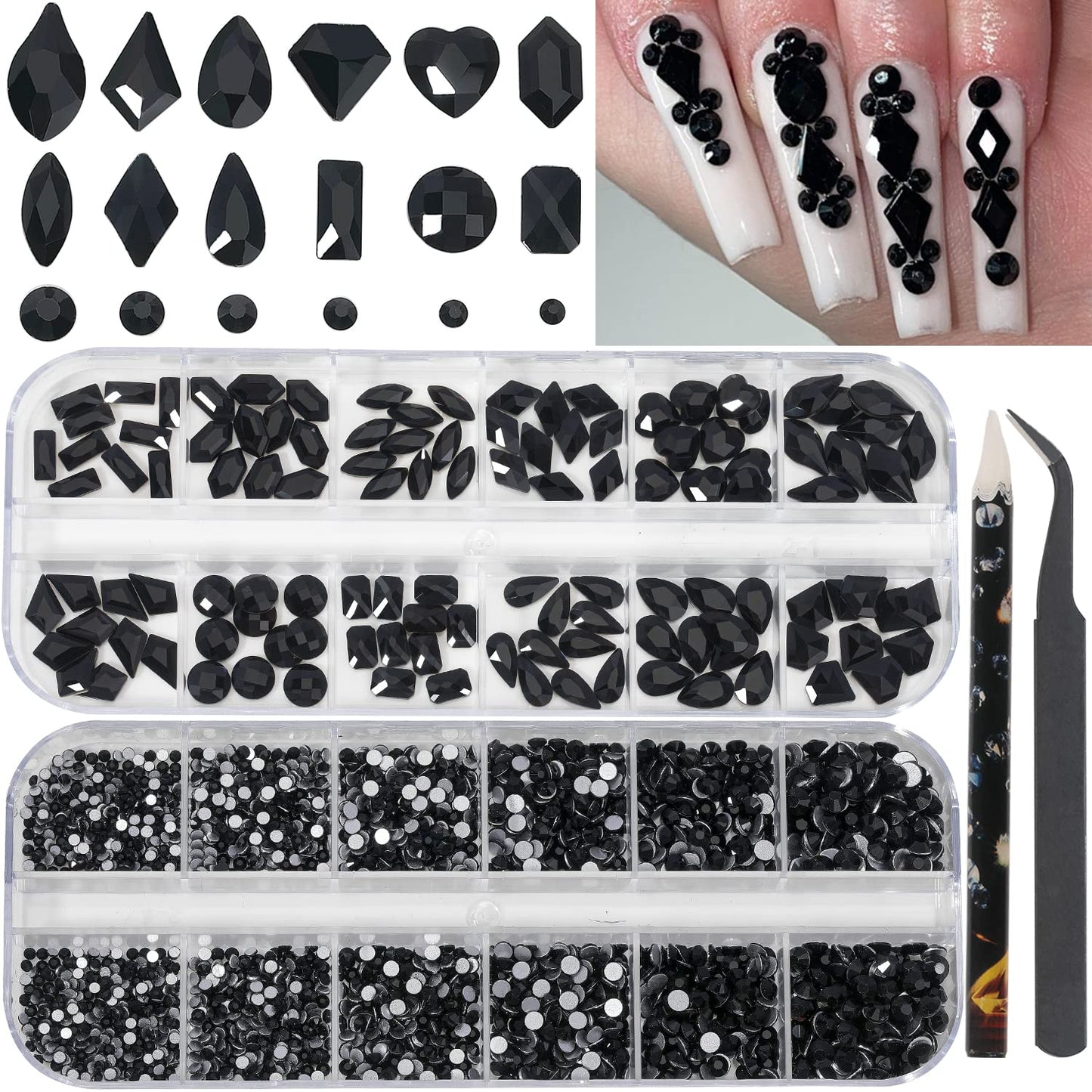 HNUIX Nail Rhinestones - 3D Multi Shape Size Crystal, Black Nail Gems, Flat Back, with Kit, for Nail Art, DIY Decorations