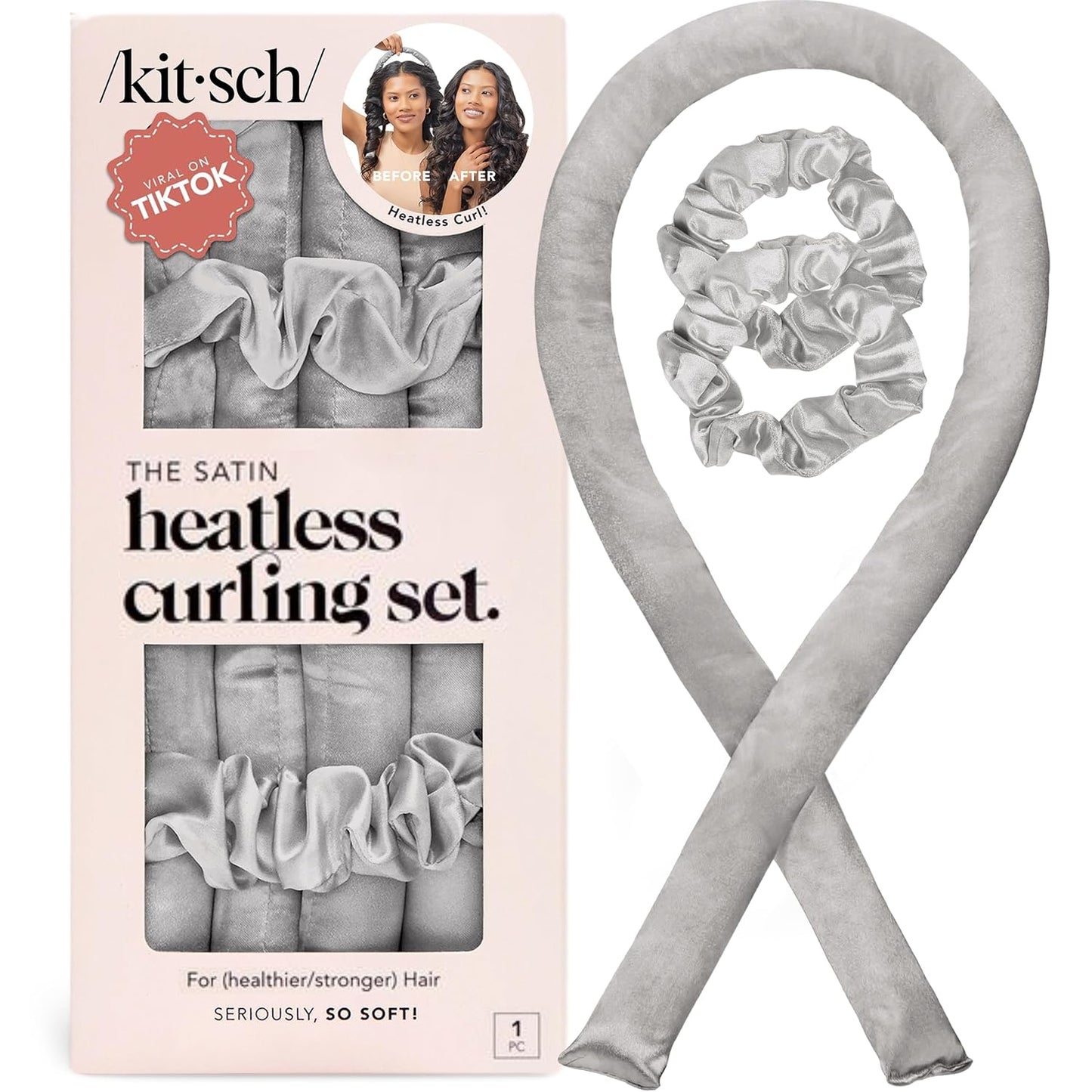 Kitsch Satin Heatless Curling Set – Heatless Hair Curler for Women, Hair Curler to Sleep In - with 2 Satin Scrunchies for Overnight Curls – No Heat Damage Styling with Heatless Curler - Silver