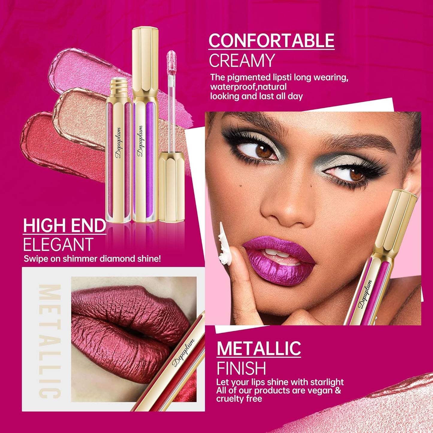 Nude Pink Lipsticks for Women Metallic Lipstick Long Lasting Non Stick Cup Lip Gloss, Shimmer Lightweight Hydrating Full Coverage Lip Color, DP106 Prose