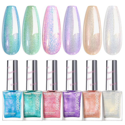 Beetles Chameleon Nail Polish Set, 6 Colors Dreamy Pastel Quick Dry Nail Polish,Glitter Colors Fingernail Polish DIY Nail Lacquer Nail Art Kit Home Gift for Women Girl