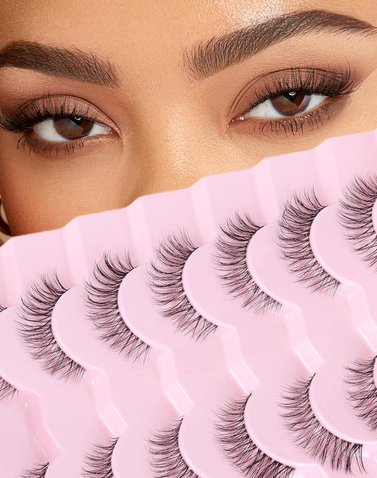 Natural Cat Eye Lashes Natural Eyelashes Wispy Mink Lashes Short Fake Lashes Clear Band Eye Lashes Pack 7 Pairs Small Demi Wispies Eyelashes
