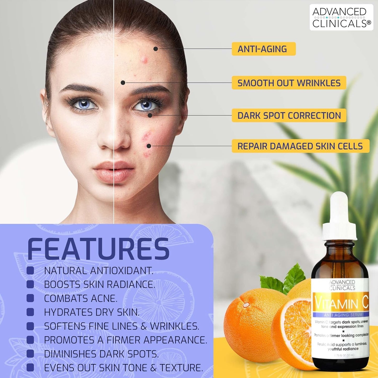 Advanced Clinicals Tea Tree Oil Serum For Face + Vitamin C Serum + Exfoliating 10% Glycolic Acid Serum Skincare Set | Face Serum For Women | Anti Aging Serums To Brighten, Exfoliate, & Hydrate, 3-Set